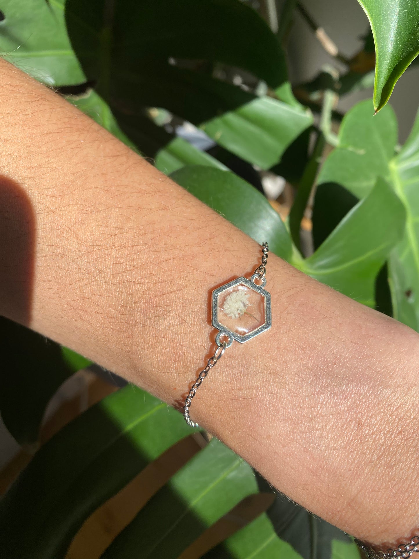 Single White Pressed Flower Bracelet (Silver Band)