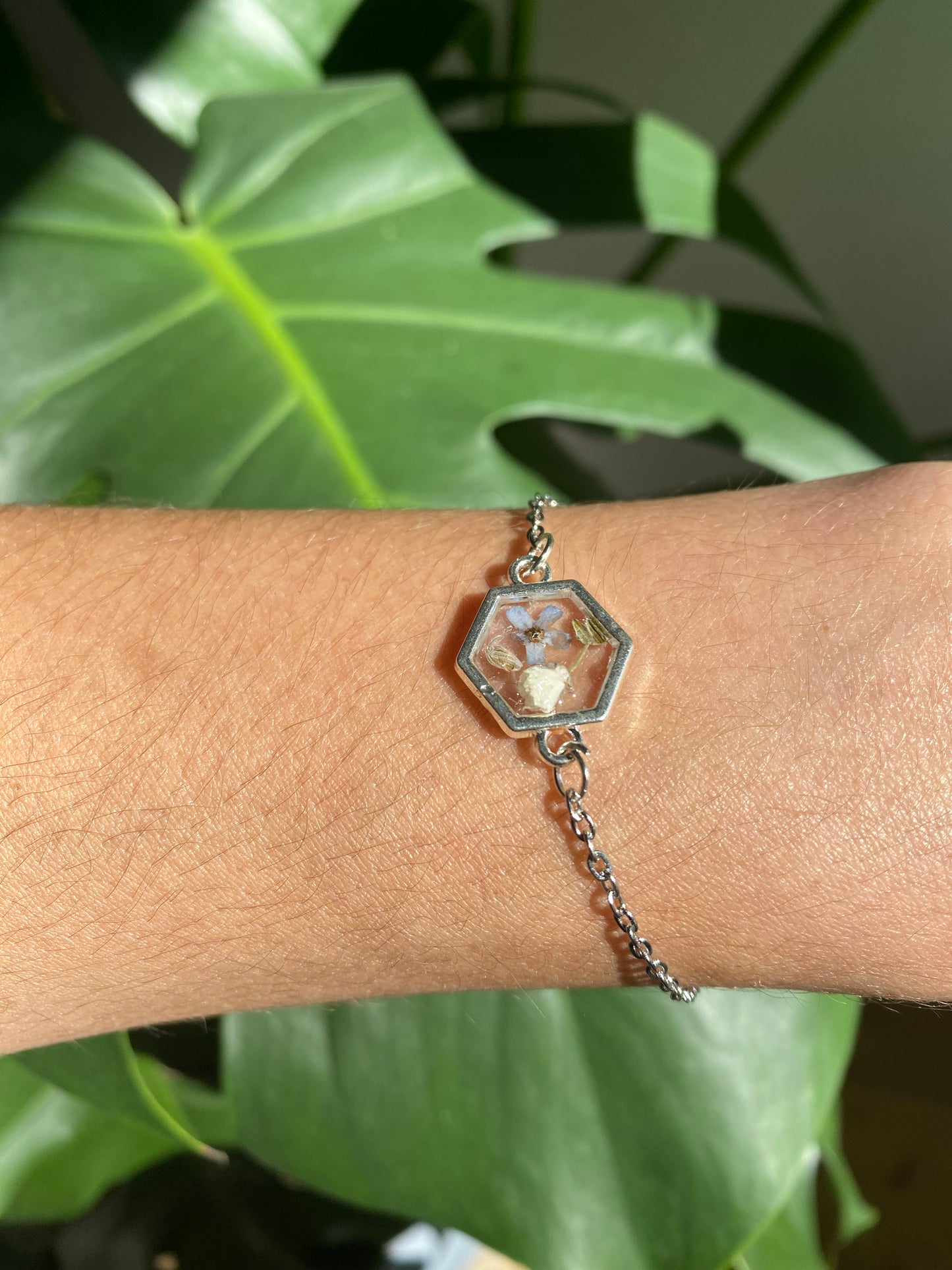 Blue & White Pressed Flower Bracelet (Silver Band)