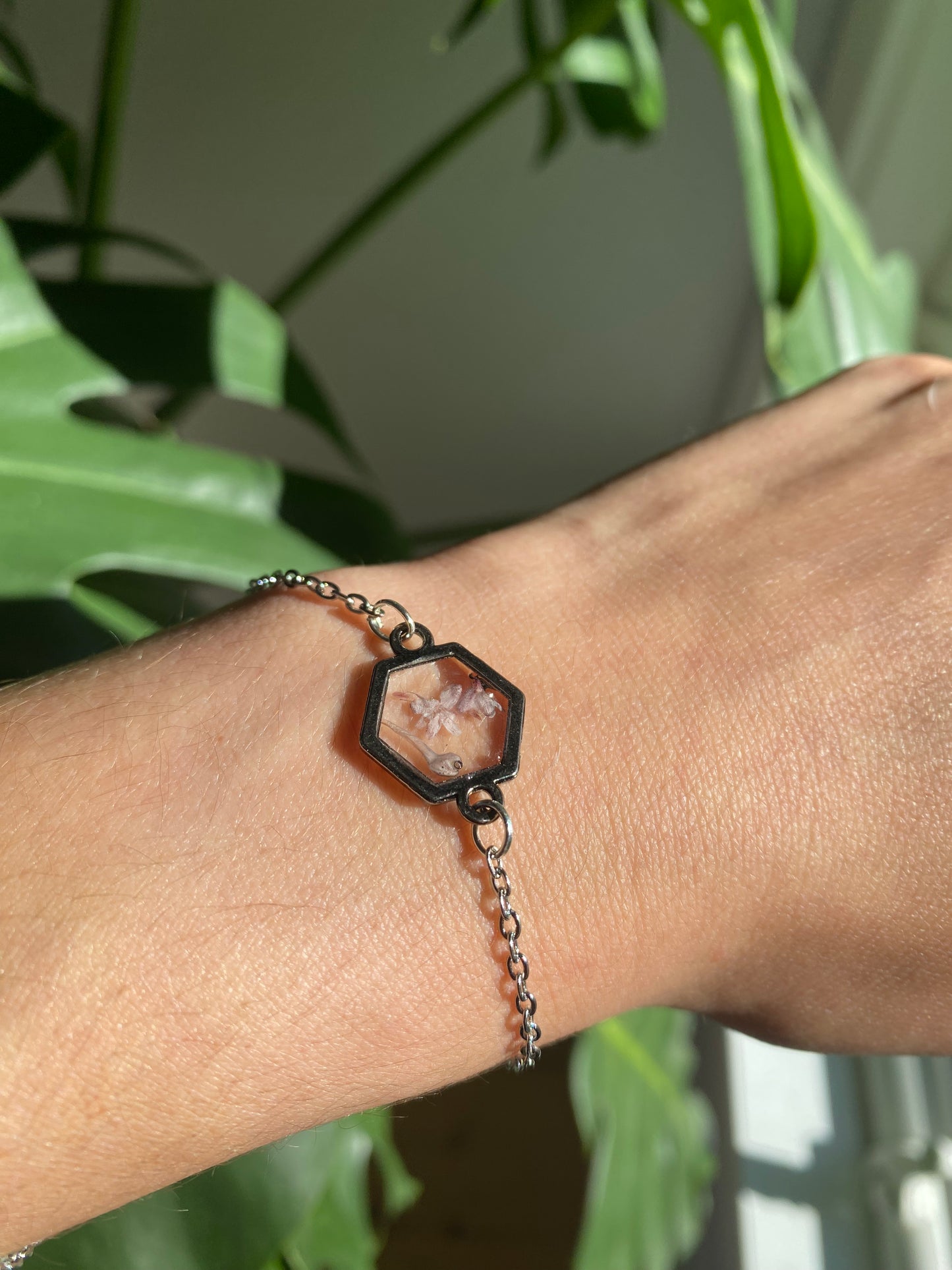 Light Pink Pressed Flower Bracelet (Light Black Band)